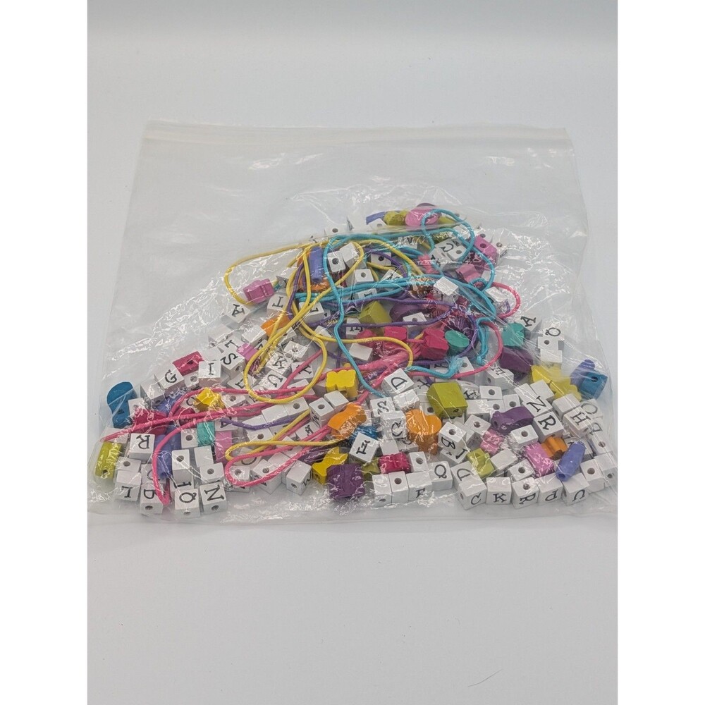 Wooden Alphabet Letter Beads Bulk Lot Multi-Color Square Lacing Beads with Cords